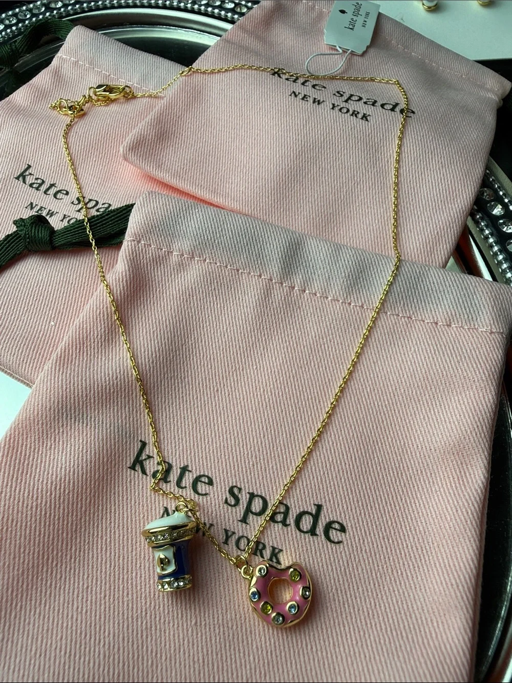 kate spade Gold Necklace with Pink Donut & Blue Drink Charms